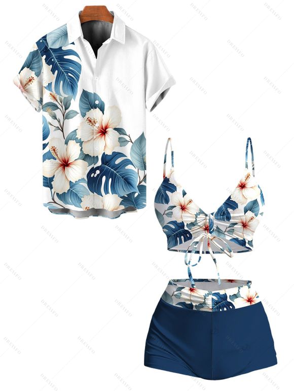 Vacation Couple Outfit Tropical Hibiscus Floral Leaf Print Cinched Boyshorts Swimsuit and Shirt Set - Cadetblue S | US 4