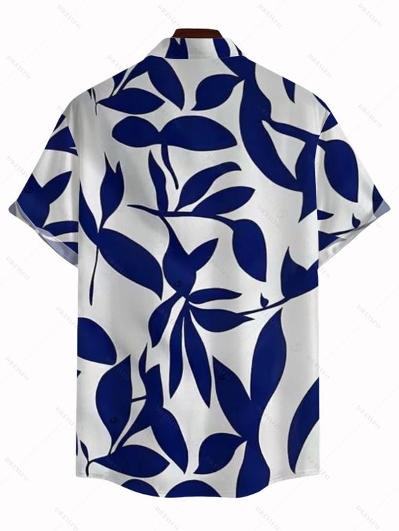 Vacation Couple Outfit Leaf Silhouette Print Crossover Ruched Swimsuit and Shirt Set - Bleu Marine S | US 4