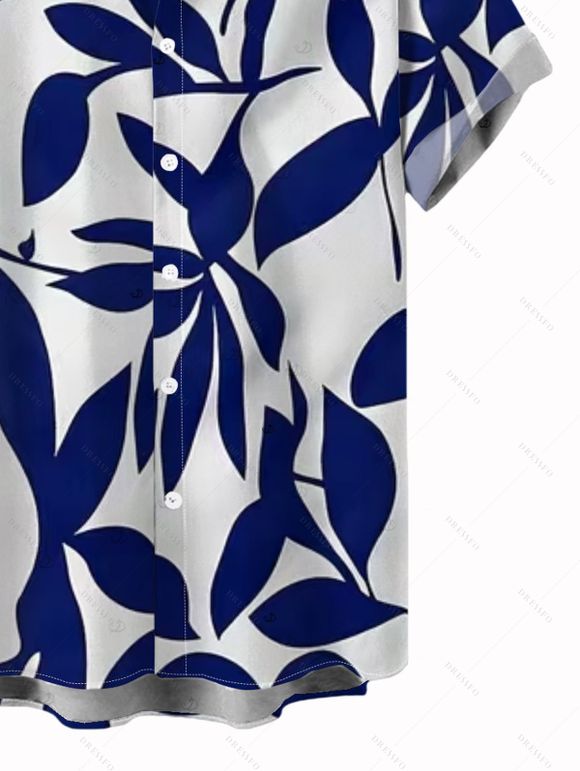 Vacation Couple Outfit Leaf Silhouette Print Crossover Ruched Swimsuit and Shirt Set - Bleu Marine S | US 4