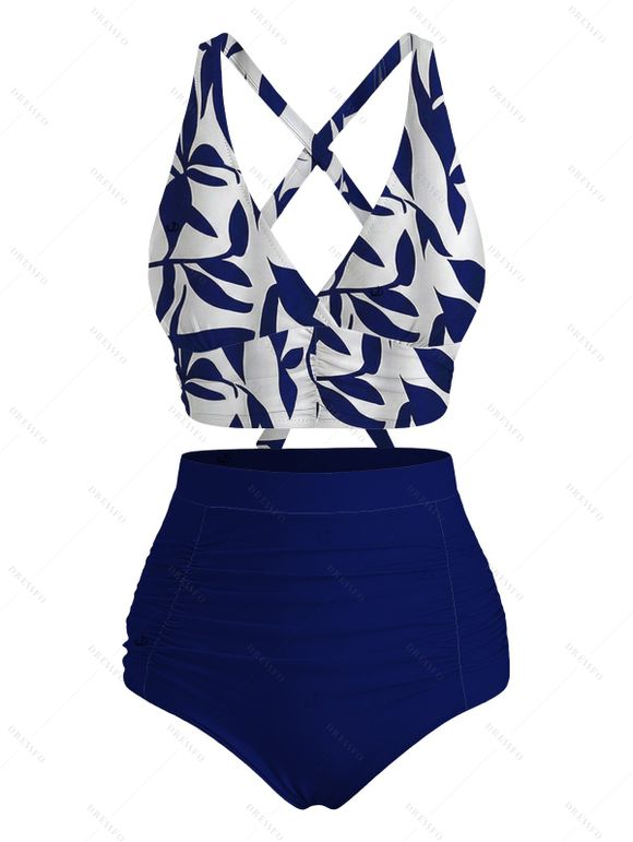 Vacation Couple Outfit Leaf Silhouette Print Crossover Ruched Swimsuit and Shirt Set - Bleu Marine S | US 4