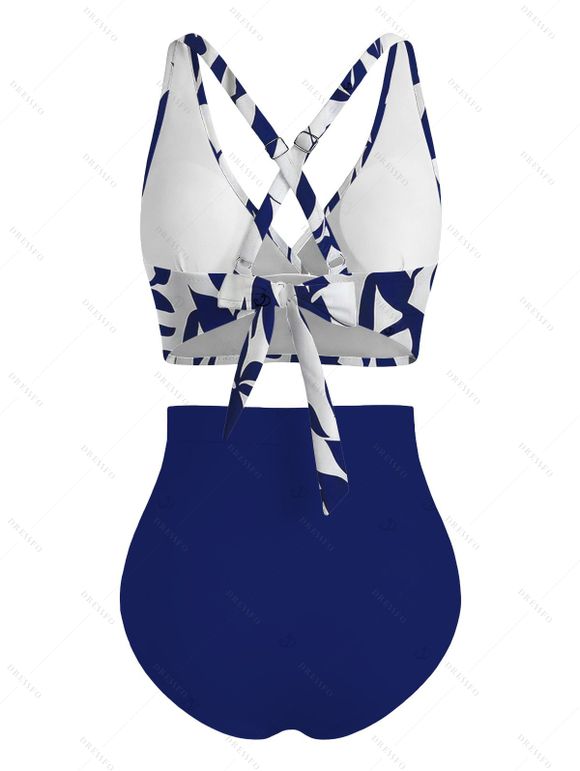 Vacation Couple Outfit Leaf Silhouette Print Crossover Ruched Swimsuit and Shirt Set - Bleu Marine S | US 4
