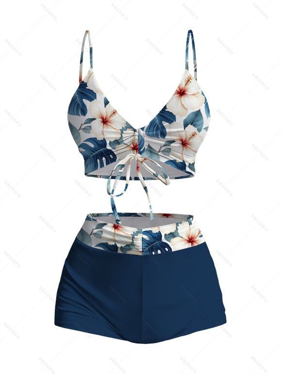 Vacation Couple Outfit Tropical Hibiscus Floral Leaf Print Cinched Boyshorts Swimsuit and Shirt Set - Cadetblue S | US 4