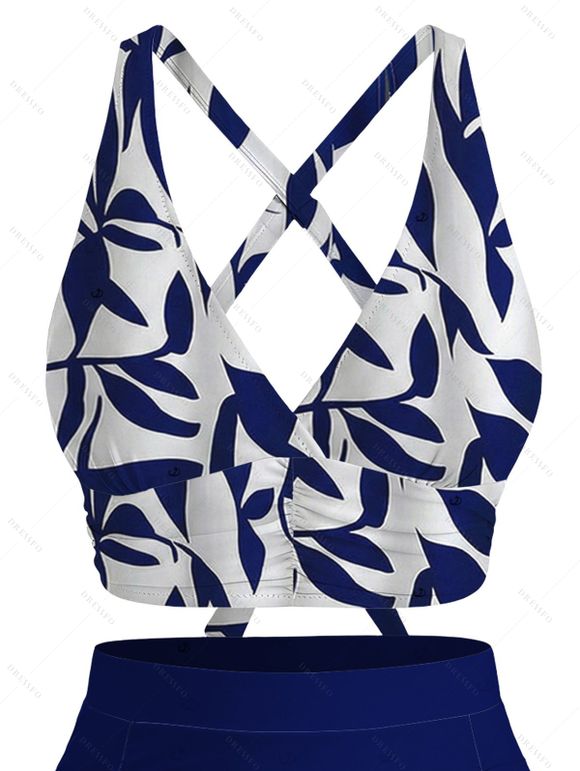 Vacation Couple Outfit Leaf Silhouette Print Crossover Ruched Swimsuit and Shirt Set - Bleu Marine S | US 4