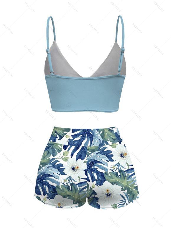 Vacation Couple Outfit Cinched Hibiscus Floral Leaf Print Boyshorts Swimsuit and Shirt Set - Bleu clair S | US 4