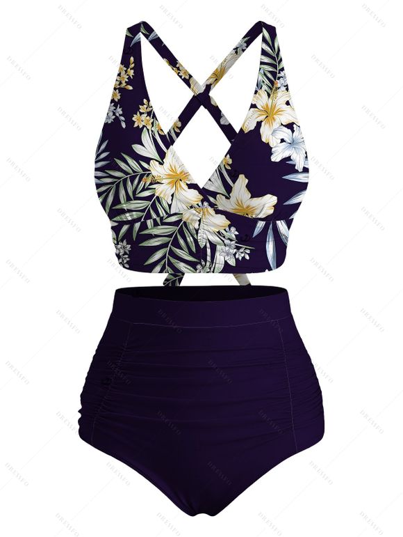 Vacation Couple Outfit Hibiscus Floral Palm Leaf Crossover Ruched Swimsuit Set and Shirt Set - Bleu de Minuit S | US 4