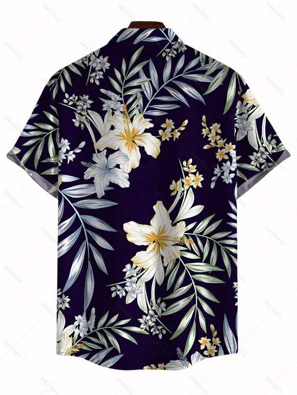 Vacation Couple Outfit Hibiscus Floral Palm Leaf Crossover Ruched Swimsuit Set and Shirt Set - Bleu de Minuit S | US 4