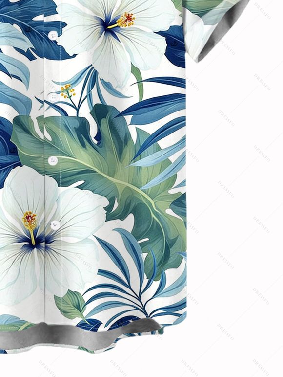 Vacation Couple Outfit Cinched Hibiscus Floral Leaf Print Boyshorts Swimsuit and Shirt Set - Bleu clair S | US 4