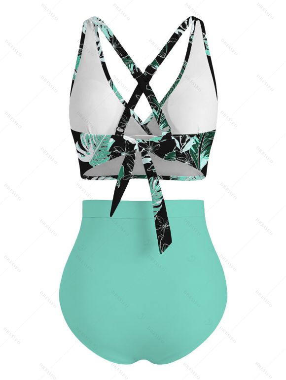 Vacation Couple Outfit Monstera Leaf Print Crossover Ruched Boyshorts Swimsuit and Shirt Set - Noir S | US 4