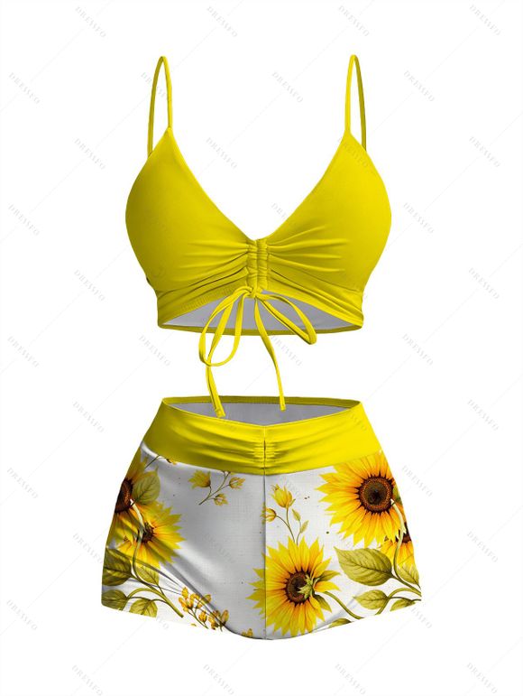 Vacation Couple Outfit Cinched Sunflower Print Boyshorts Swimsuit and Shirt Set - Jaune S | US 4
