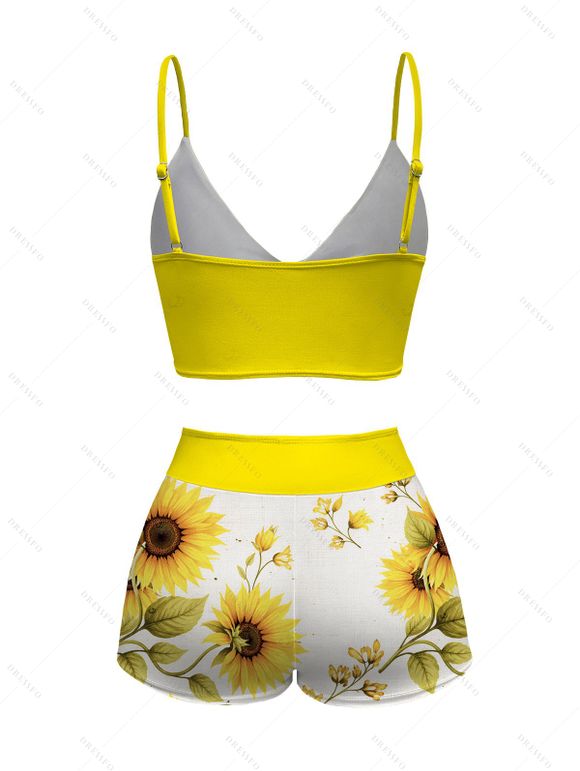 Vacation Couple Outfit Cinched Sunflower Print Boyshorts Swimsuit and Shirt Set - Jaune S | US 4