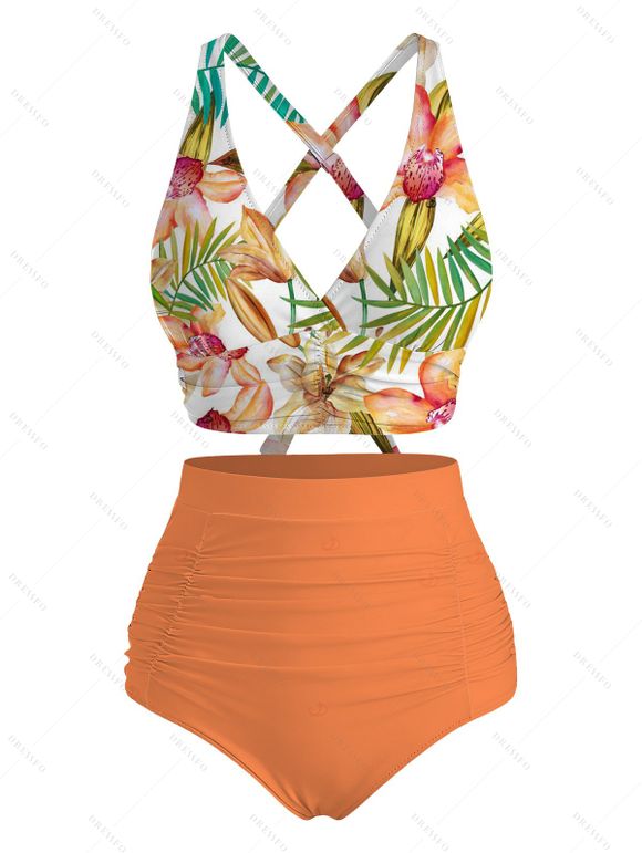 Vacation Couple Outfit Orchid Floral Monstera Print Ruched Swimsuit and Shirt Set - Orange S | US 4