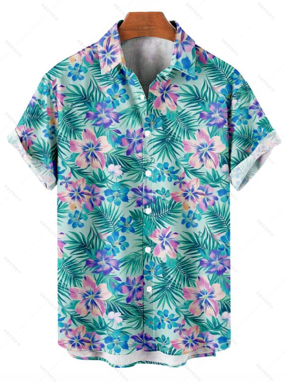 Vacation Couple Outfit Hibiscus Floral Palm Print Cinched Boyshorts Swimsuit and Shirt Set - Vert clair S | US 4