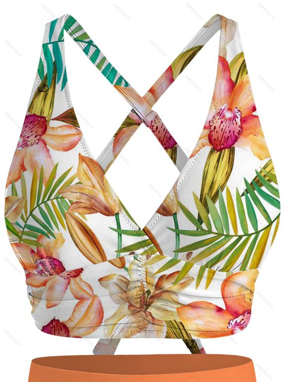 Vacation Couple Outfit Orchid Floral Monstera Print Ruched Swimsuit and Shirt Set - Orange S | US 4