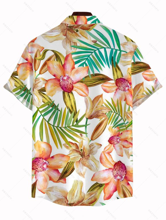 Vacation Couple Outfit Orchid Floral Monstera Print Ruched Swimsuit and Shirt Set - Orange S | US 4
