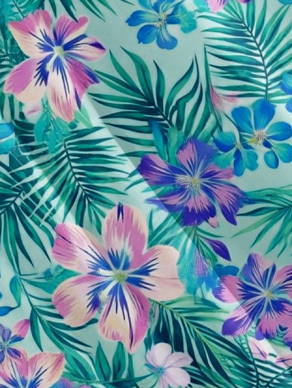 Vacation Couple Outfit Hibiscus Floral Palm Print Cinched Boyshorts Swimsuit and Shirt Set - Vert clair S | US 4