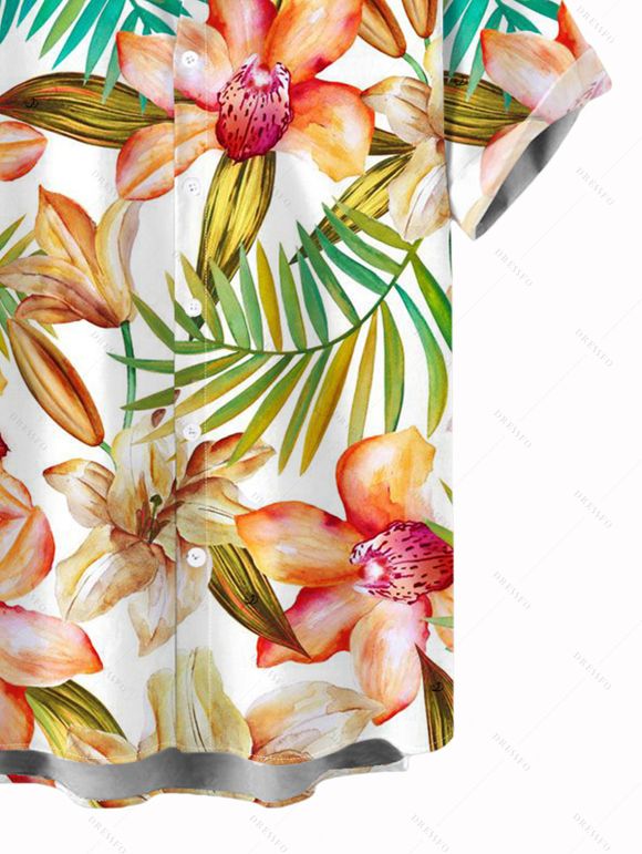 Vacation Couple Outfit Orchid Floral Monstera Print Ruched Swimsuit and Shirt Set - Orange S | US 4