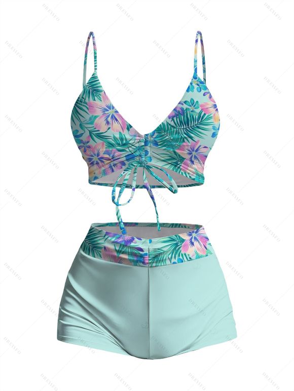 Vacation Couple Outfit Hibiscus Floral Palm Print Cinched Boyshorts Swimsuit and Shirt Set - Vert clair S | US 4