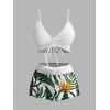 Vacation Couple Outfit Cinched Tropical Floral Monstera Print Swimwear and Shirt Set - Vert profond S | US 4