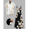 Vacation Couple Outfit Ink Wash Magnolia Floral Print Pocket Long Dress and Shirt Set - Brun Doré S | US 4