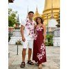 Vacation Couple Outfit Lily Floral Leaf Pattern Pocket Spaghetti Strap A Line Long Tank Dress and Button Up Shirt Casual Matching Outfit - Rouge foncé S | US 4