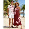 Vacation Couple Outfit Lily Floral Leaf Pattern Pocket Spaghetti Strap A Line Long Tank Dress and Button Up Shirt Casual Matching Outfit - Rouge foncé S | US 4