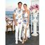 Vacation Couple Outfit Apricot Floral Print Lace Hollow Out Slit Dress and Shirt Set - Bleu S | US 4