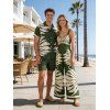 Vacation Couple Outfit Tropical Leaf Silhouette Print Twisted Wide Leg Jumpsuit and Shirt Set - PLANT GREEN S | US 4