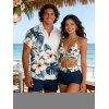 Vacation Couple Outfit Tropical Hibiscus Floral Leaf Print Cinched Boyshorts Swimsuit and Shirt Set - Cadetblue S | US 4