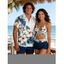 Vacation Couple Outfit Tropical Hibiscus Floral Leaf Print Cinched Boyshorts Swimsuit and Shirt Set - Cadetblue S | US 4