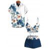 Vacation Couple Outfit Tropical Hibiscus Floral Leaf Print Cinched Boyshorts Swimsuit and Shirt Set - Cadetblue S | US 4