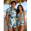 Vacation Couple Outfit Cinched Hibiscus Floral Leaf Print Boyshorts Swimsuit and Shirt Set - Bleu clair S | US 4