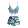 Vacation Couple Outfit Cinched Hibiscus Floral Leaf Print Boyshorts Swimsuit and Shirt Set - Bleu clair S | US 4