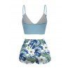 Vacation Couple Outfit Cinched Hibiscus Floral Leaf Print Boyshorts Swimsuit and Shirt Set - Bleu clair S | US 4