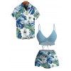 Vacation Couple Outfit Cinched Hibiscus Floral Leaf Print Boyshorts Swimsuit and Shirt Set - Bleu clair S | US 4