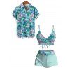 Vacation Couple Outfit Hibiscus Floral Palm Print Cinched Boyshorts Swimsuit and Shirt Set - Vert clair S | US 4