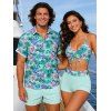 Vacation Couple Outfit Hibiscus Floral Palm Print Cinched Boyshorts Swimsuit and Shirt Set - Vert clair S | US 4