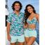 Vacation Couple Outfit Hibiscus Floral Palm Print Cinched Boyshorts Swimsuit and Shirt Set - Vert clair S | US 4