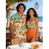 Vacation Couple Outfit Orchid Floral Monstera Print Ruched Swimsuit and Shirt Set - Orange S | US 4