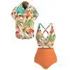 Vacation Couple Outfit Orchid Floral Monstera Print Ruched Swimsuit and Shirt Set - Orange S | US 4