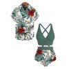 Vacation Couple Outfit Palm Leaf Hibiscus Print Crossover Ruched Swimsuit and Shirt Set - PLANT GREEN S | US 4