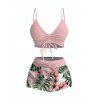 Hawaiian Vacation Couple Outfit Cinched Monstera Palm Leaf Print Swimsuit and Shirt Set - PINK S | US 4