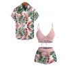 Hawaiian Vacation Couple Outfit Cinched Monstera Palm Leaf Print Swimsuit and Shirt Set - PINK S | US 4