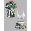 Vacation Couple Outfit Cinched Tropical Floral Monstera Print Swimwear and Shirt Set - DEEP GREEN S | US 4