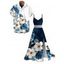 Two-tone Vacation Couple Outfit Hibiscus Floral Leaf Print Slit Lace Hollow Out Dress and Shirt Set - BLACK S | US 4