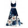 Robe de vacances imprimée de feuilles d'hibiscus aquarelle, fente en dentelle ajourée - Bleu Marine XXXXL | US 18
