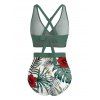 Vacation Couple Outfit Palm Leaf Hibiscus Print Crossover Ruched Swimsuit and Shirt Set - PLANT GREEN S | US 4