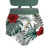 Ensemble maillot de bain de vacances hawaïen, imprimé floral feuilles de palmier et hibiscus, shorty froncé croisé - PLANT GREEN XXL | US 14