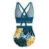 Ensemble maillot de bain de vacances hawaïen, shorty froncé à imprimé feuilles de monstera croisé - Paon Bleu XXL | US 14