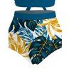 Ensemble maillot de bain de vacances hawaïen, shorty froncé à imprimé feuilles de monstera croisé - Paon Bleu XXL | US 14