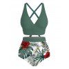 Vacation Couple Outfit Palm Leaf Hibiscus Print Crossover Ruched Swimsuit and Shirt Set - PLANT GREEN S | US 4